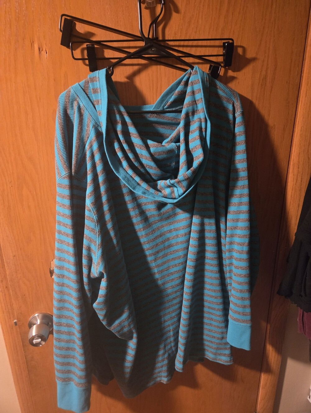 Woman Within Teal and Gray Striped Hooded Pullover